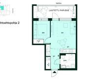 Vaihtoehtoisessa pohjaratkaisussa kulmakeittiö on korvattu suoralla ratkaisulla, ja kodinkoneet on sijoitettu eteisen työpisteen paikalle.