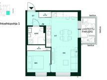 Vaihtoehtoisessa pohjaratkaisussa keittiön saareke on poistettu, ja baaritaso ja lisäkaapistoja on tuotu keittotilan seinustalle.