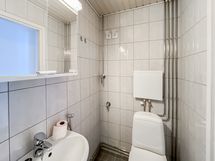 Laatoitettu kylpyhuone, jossa wc, suihku ja pesukoneliitäntä.