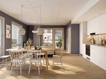 Visualisointi neljännen kerroksen vastaavasta kodista (3h+kt+s, 64,5 m²)