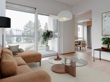 Digistailattu asunto A 04 - Valoisa päätyhuoneisto avautuu kolmeen ilmansuuntaan.