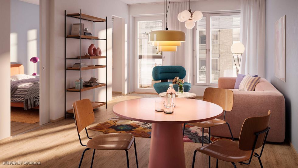 Visualisointi 44-neliöisestä kaksiosta (asunnot D6, D13 ja D20, 2h+kt).