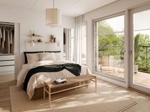 Visualisointikuva rivitalokodista (4h+kt+s). Kuvassa vaihtoehtoinen pohjaratkaisu.