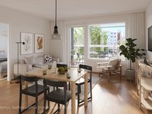 Visualisointikuvassa taiteilija näkemys A12 asunnon olohuoneesta