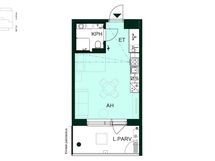 Tehokas yksiö, jossa oleskelu- ja keittiötila, kylpyhuone ja lasitettu parveke.