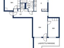 Avara pohja, jossa kaikki huoneet ja tilat ovat hyvänkokoiset. Makuuhuoneissa hyvä yksityisyys.