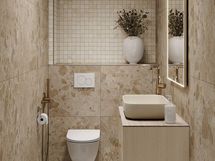 Visualisointikuva Kivinen savu -tyylillä sisustetusta erillis-wc:stä