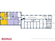 Keltainen pohja asunto 1 ( 45 m2 kaksio). Vaalean lila pohjakuva asunto 2 (60 m2 kaksio)