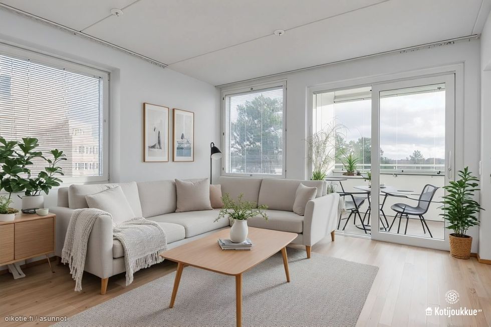 Valoisa olohuone, josta käynti lasitetulle parvekkeelle