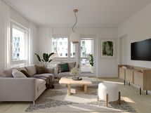 Havainnekuva asunto A7. 2h+kt. 43 m2. Olohuone. Taiteilijan näkemys.