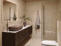 Kodin kylpyhuoneeseen on valittu ylellinen Aavikko-sisustustyyli vaaleine laattoineen, saarnikalusteineen ja malja-altaineen. Tarkka tuotelistaus saatavilla asuntomyynnistä.