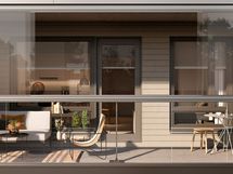 Kaikissa kodeissa on lasitettu parveke. Visualisointi kodista A 03 (2h+kt, 37 m²)