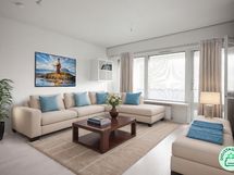 Valoisa Olohuone, käynti koko huoneiston levyiselle parvekkeelle