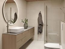 Visualisointikuva Jää-tyylillä sisustetusta kylpyhuoneesta