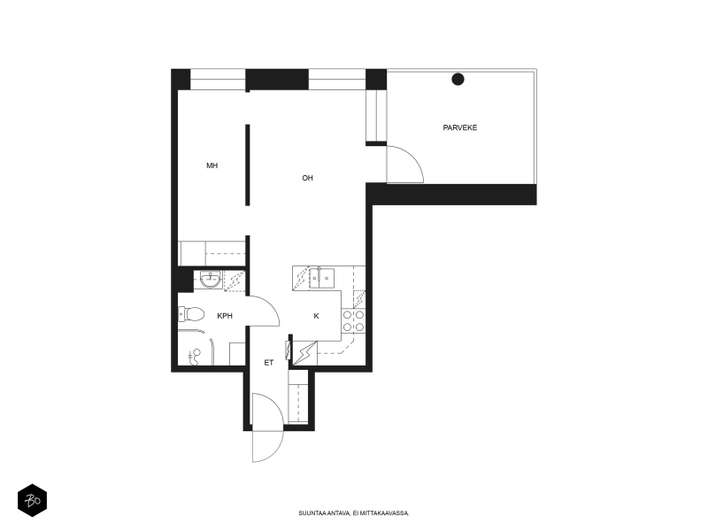 Kerrostalo, 1h, k, alk, kph, et, parveke (yj 1h+kt), 38,5 m², Keskusta - Näkymä 2