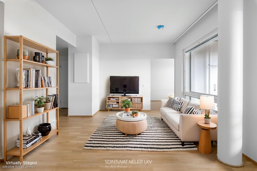 Taiteilijan näkemys kalustetusta asunnosta (kuva otettu kerrosta alempaa huoneistosta A17).