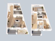 3D-pohjakuva asunnosta B37.  Asunto B 36 on peilikuva asunnosta B 37.