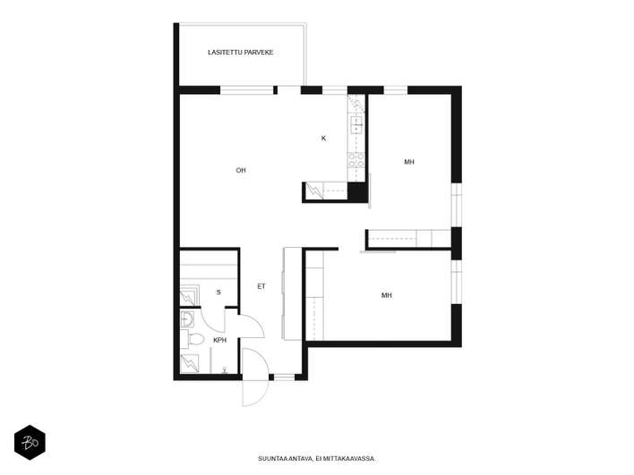 Kerrostalo, 3 h, avok., kph/ wc, s, lasitettu parveke (YJ:n mukaan 3h+k+s parveke), 79,5 m², Leppävaara – pohled 2