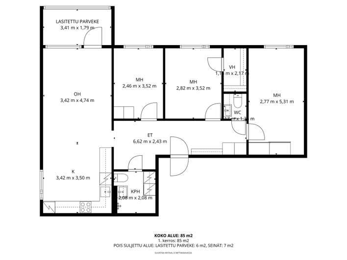 Kerrostalo, 4h,avok,kph/khh,wc, las.parveke, 89,5 m², Kuitinmäki - Näkymä 2