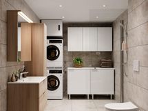 Mikäli et kaipaa omaa saunaa, tilaan voidaan toteuttaa kodinhoitopiste kaappeineen ja työtasoineen.