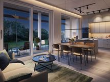 Visualisointikuva rivitalokodista (4h+kt+s). Kuvassa vaihtoehtoinen pohjaratkaisu.