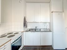 Hyvänkokoinen jääkaappi-pakastin, sähköliesi ja uuni sekä sopivasti lasku- ja kaappitilaa.