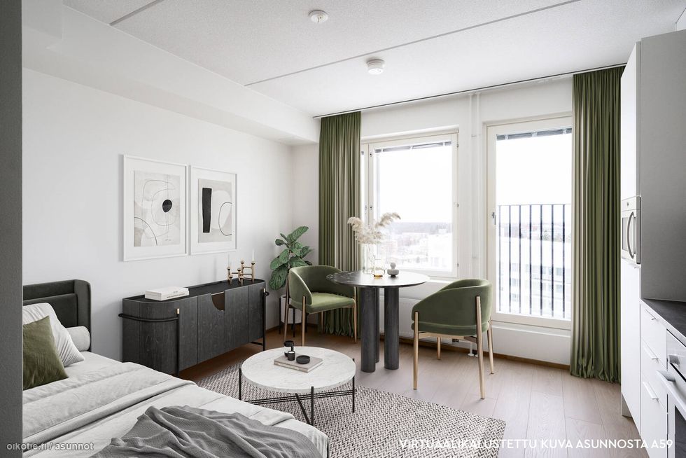 Virtuaalikalustettu oleskelu- ja ruokailutila. Kuva asunnosta A59, jossa vastaava pohjaratkaisu, materiaalit voivat poiketa.