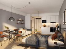 Alustava visualisointi 2. kerroksen vastaavasta 29,5-neliöisestä kodista (1h+kt)