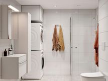 Visualisointi hintaan kuuluvasta kylpyhuonetyylistä Kaste. Visualisoinnissa lisäksi valittuna lisähintainen pesutorni.