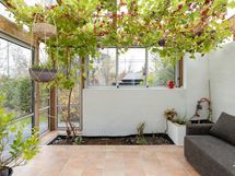 Viherhuone, josta yksi kulku suurelle terassille ja jacuzziin