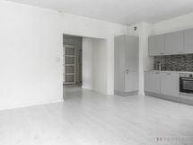 Valoisa olohuone, jossa keittiösyvennys