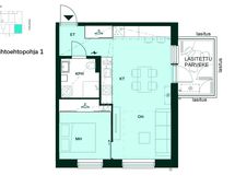 Vaihtoehtoisessa pohjaratkaisussa keittiön saareke on poistettu, ja baaritaso ja lisäkaapistoja on tuotu keittotilan seinustalle.