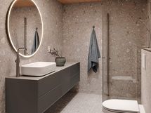 Visualisointikuva asukasmuutoksena toteutettavasta Kuviollinen kalkki -tyylillä sisustetusta kylpyhuoneesta.