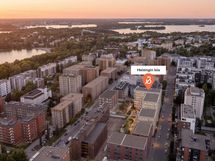 Alueen havainnekuva pohjoiseen. Helsingin Isla on visualisoitu osaksi suunniteltua tulevaa kaupunkiympäristöä.