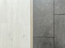 Eteisessä ja keittiön edustalla on laattalattia, muualla vaalea laminaatti.