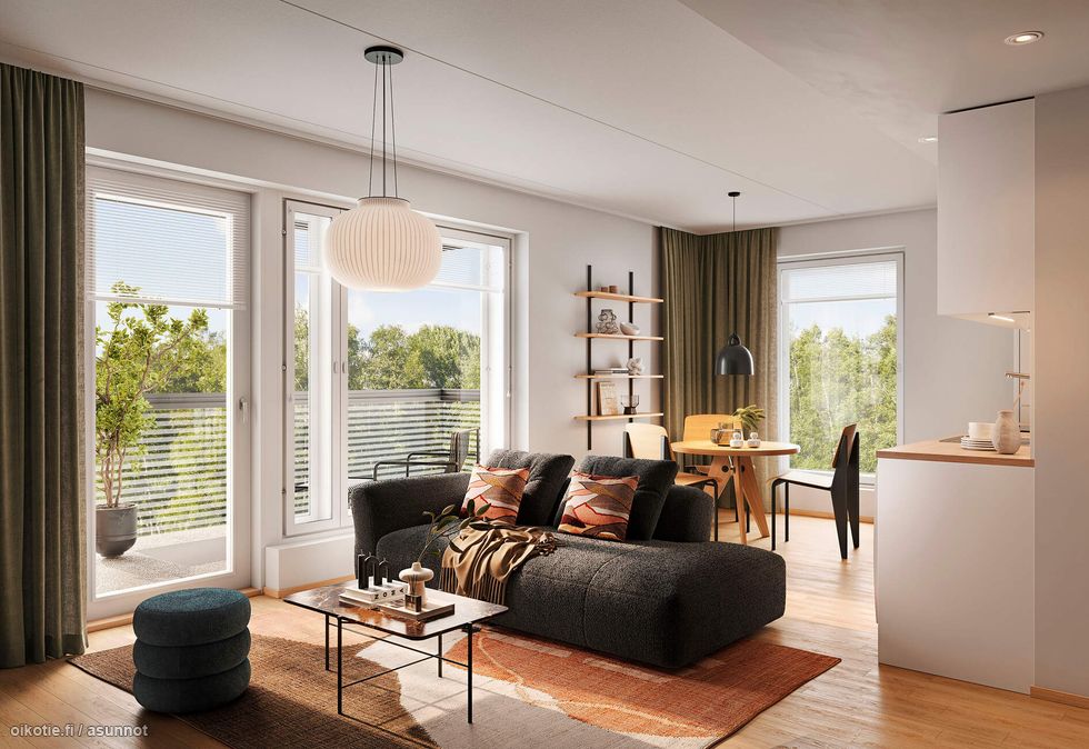 Visualisointi 47,5-neliöisestä kaksiosta (asunnot E 39, E46 ja E53, 2h+kt+s).