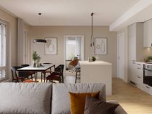 Alustava visualisointi 4. kerroksen vastaavasta 74-neliöisestä kodista (3h+kt+s)