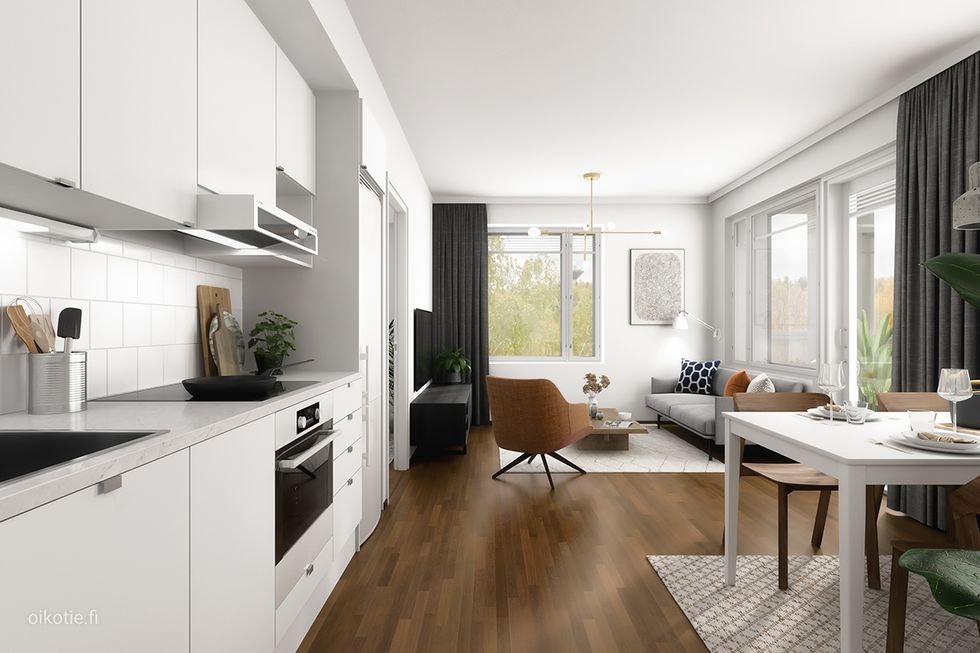 As. A27 2h+kt 46,0 m2, sisustustyylinä Wave (tumma parketti ja valkoiset kaapistot)