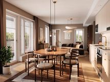 Visualisointi 85,5-neliöisestä perheasunnosta (asunnot D10 ja D17, 4h+kt+s).