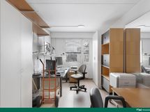 Tällä hetkellä huoneessa on vielä toimistokalusteita