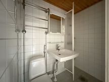 Kylpyhuoneessa on pesukoneliitäntä ja pesukoneelle tilaa lavuaarin alapuolella.