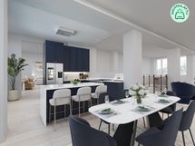 Esimerkki, miltä tila voisi näyttää asuinkäytössä keittiönä