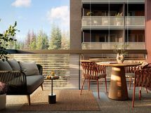 Asunto D5 (1H+KT, 30,5 m2) on mahdollista yhdistää viereisen asunnon D4 (2H+KT, 51,5 m2) kanssa. 1. kerros. Visualisointi asunnosta D4.