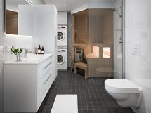 Visualisointi modernista kylpyhuonetyylistä. Kuva ei vastaa täysin tämän kodin toteutusta. Kodinkoneet eivät kuulu hintaan.