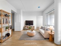 Taiteilijan näkemys kalustetusta asunnosta (kuva otettu kerrosta alempaa huoneistosta A17).