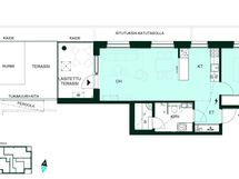 Valoisa kaksio, jossa avara olohuone–keittiö, makuuhuone ja lasitettu terassi sekä suojaisa piha-alue (2h+kt+s, 53,5 m²).