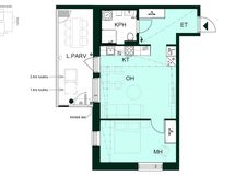 Kaksio, jossa makuuhuone, avokeittiö-olohuone, kylpyhuone ja lasitettu parveke.