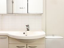 Wc:ssä on peilikaappi ja allaskaappi