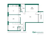 Olohuoneesta on erotettavissa kolmas makuuhuone