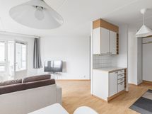 Avara pohjaratkaisu yhdistää olohuoneen ja keittiön saumattomasti.